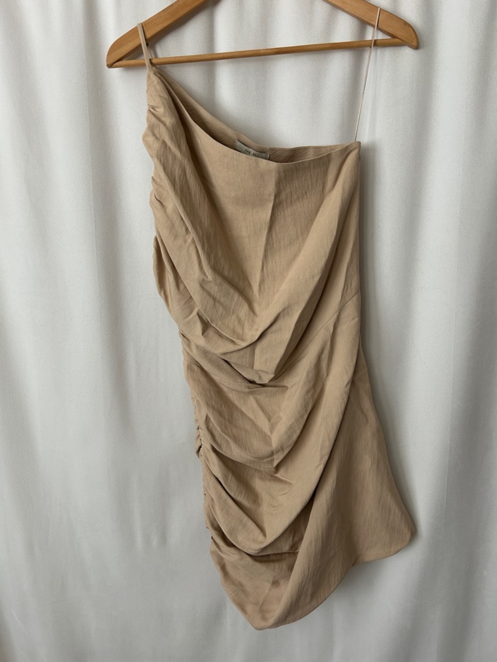 THE SEI NWT Sexy Asymmetrical Ruched Beige Mini Dress **Size 8** RETAILS $598🔥🔥